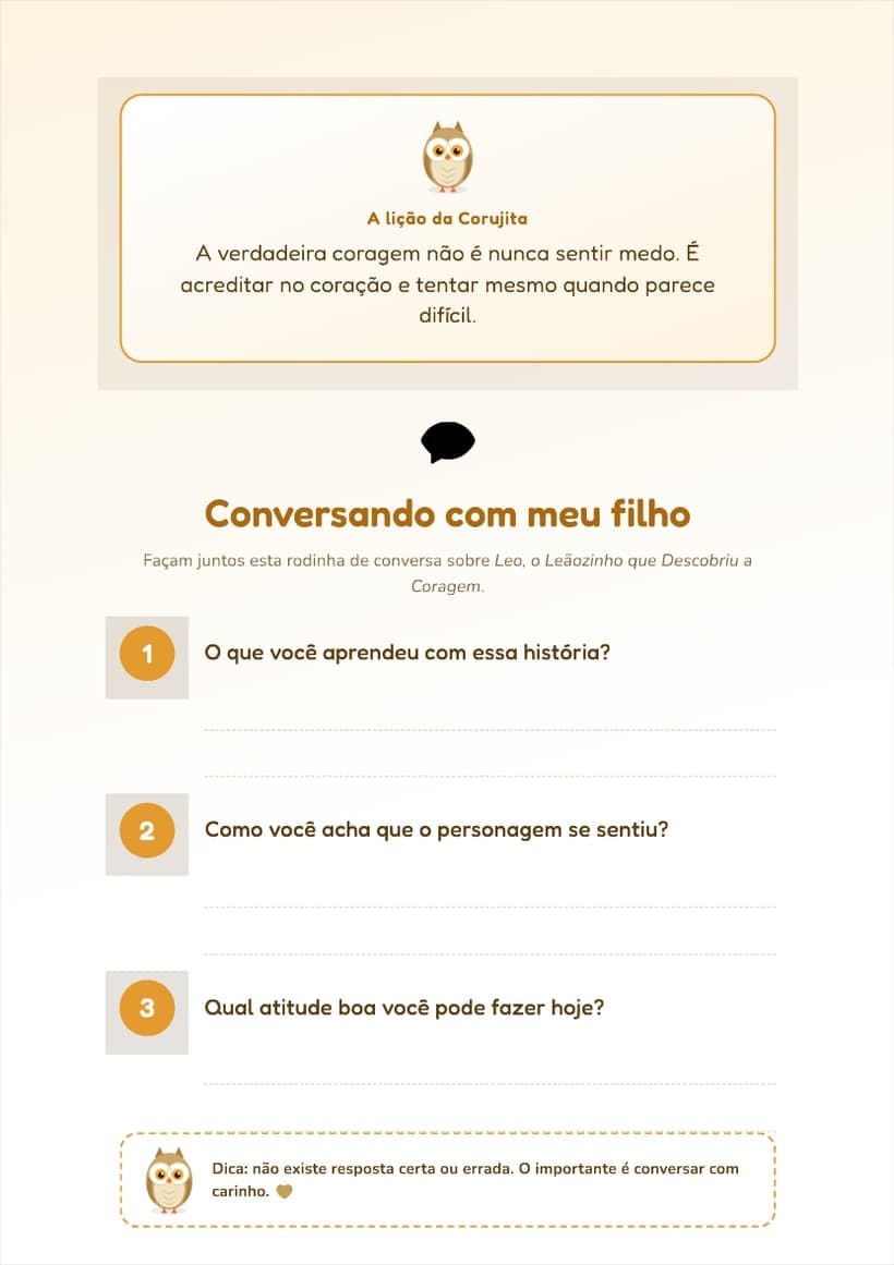 Página Conversando com meu filho, com três perguntas e espaço para responder
