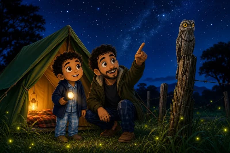 Caio e os Barulhos da Noite no Acampamento